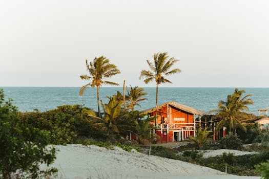 Scenic view of a rustic beach house in Itaúnas, surrounded by palms and sandy shores.